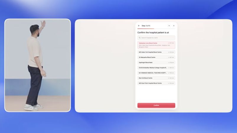 RaktKhoj pitch showing a prototype step asking the user to confirm the patient's hospital