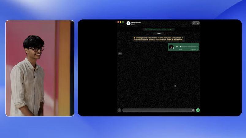 Samarthan pitch showing a presenter beside an in-app WhatsApp voice-message simulation
